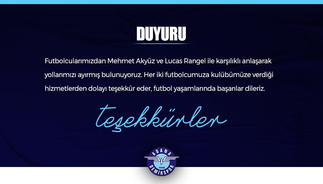 Adana Demirspor'da, Mehmet Akyüz ve Lucas Rangel ile yollar ayrıldı 