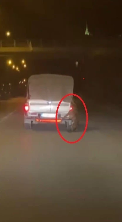 Aracın arkasına bağlı köpekle metrelerce yol gittiler
